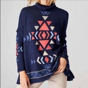 NEW J. Jill Intarsia Funnel Neck Indigo Blue Southwest Aztec Poncho Sweater Top